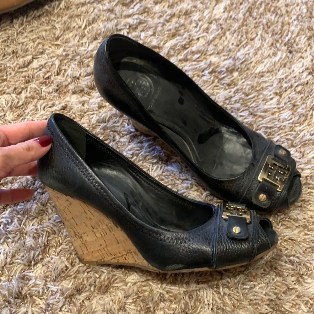 Tory Burch black wedges with cork heel - size 7.5 - well worn but still decent